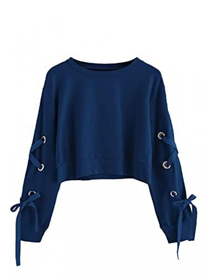 Women's Casual Lace Up Long Sleeve Pullover Crop Top Sweatshirt 