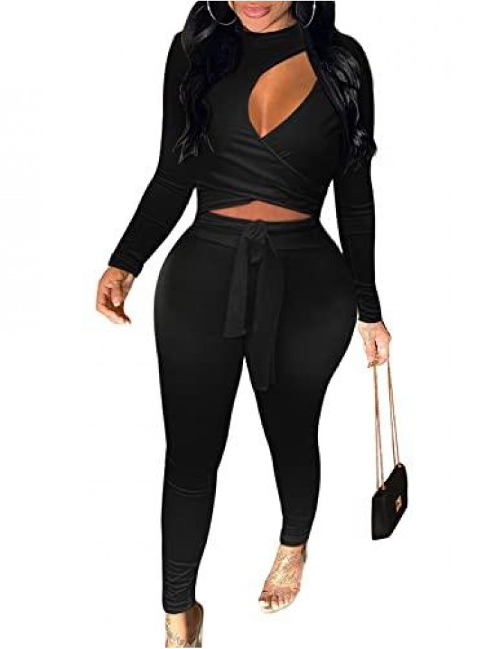 Women's Long Sleeve Bodycon Cutout Wrap One Piece Jumpsuit Romper 