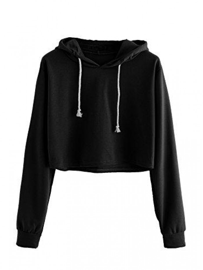 Women's Drawstring Cropped Hoodies Casual Plain Workout Crop Tops Sweatshirt 