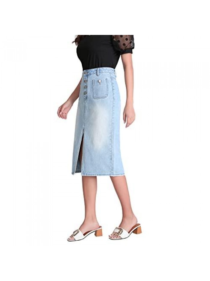 Front Split Midi Knee Length Button Stretchy Denim Pencil Skirt 