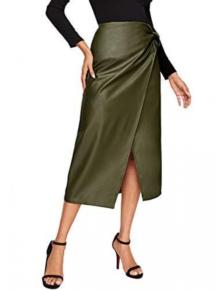 Women's Elegant High Waist Knot Side Wrap PU Leather Midi Skirt 