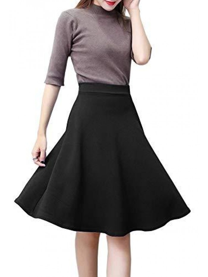 Womens Stretch Waist A-line Flared Skater Midi Skirt 