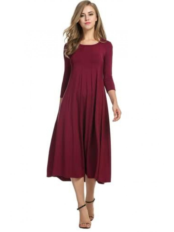 Women's 3/4 Sleeve A-line and Flare Midi Long Dress 