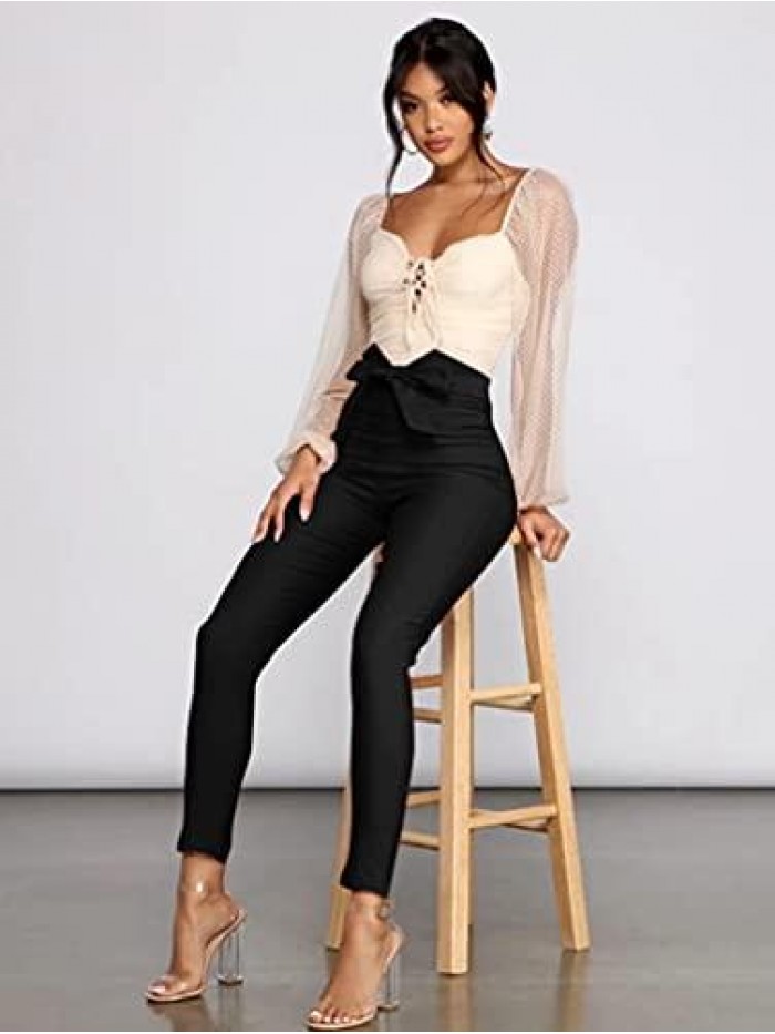 Women's Casual High Waist Stretch Trousers Solid Pencil Pants with Tie 