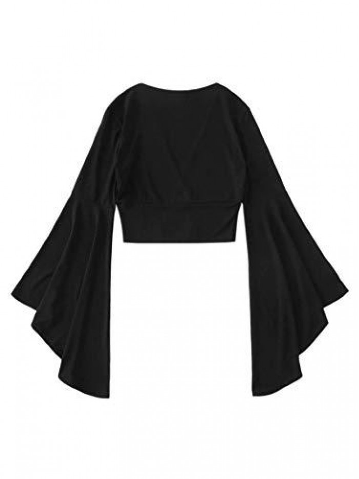 Women's V Neck Long Bell Sleeve Wrap Blouse Top Tee Shirts 