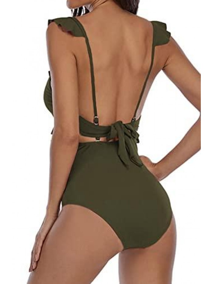 Women's One Piece Swimsuit Sexy Cutout Monokini Ruffled Triangle Swimwear 