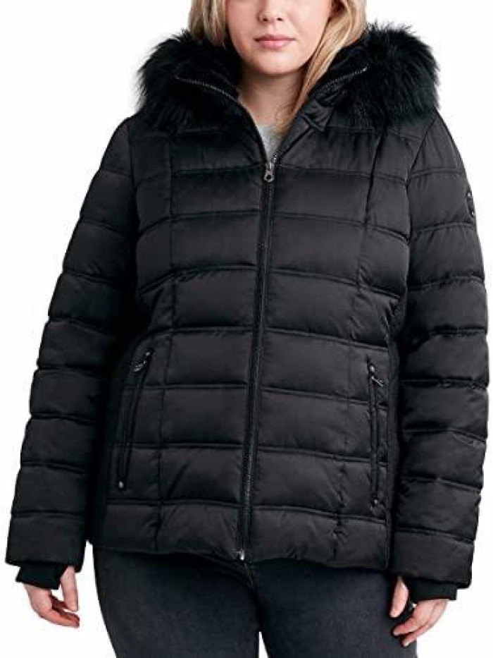 Womens Faux Fur Trim Hooded Midweight Puffer Jacket 