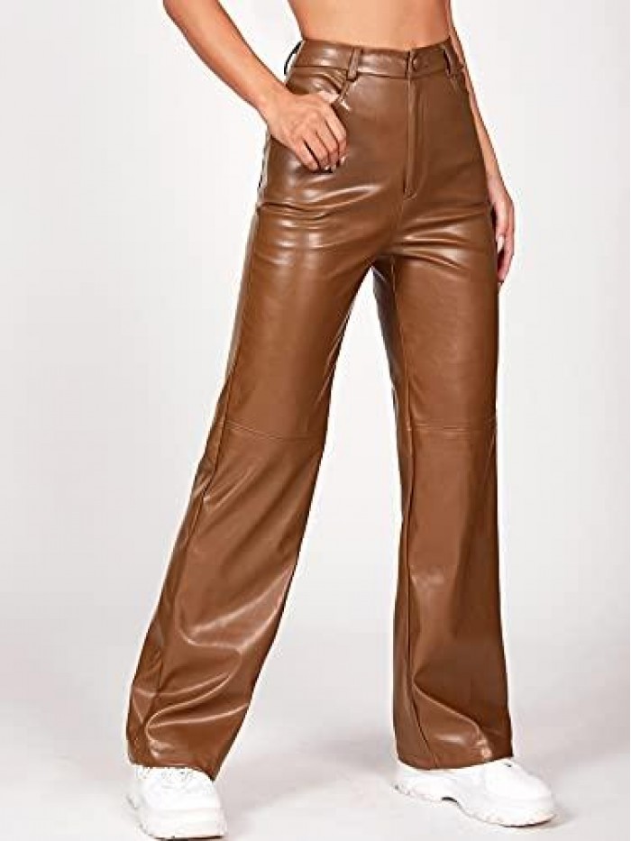 Women's PU High Waist Faux Leather Straight Leg Pants with Pockets 