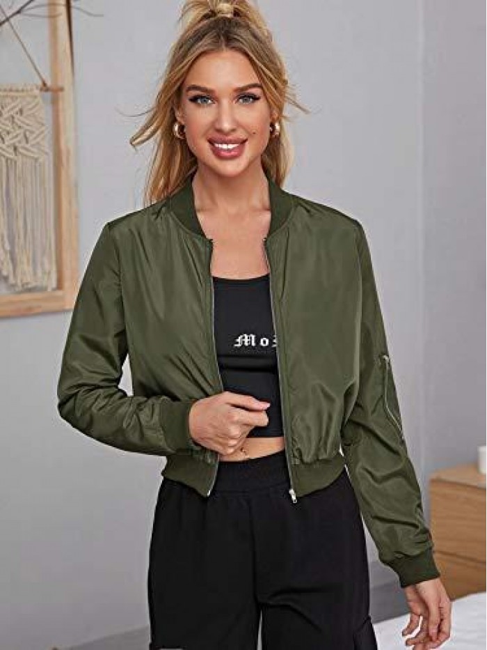 Women's Classic Solid Biker Jacket Zip up Crop Bomber Jacket Coat 