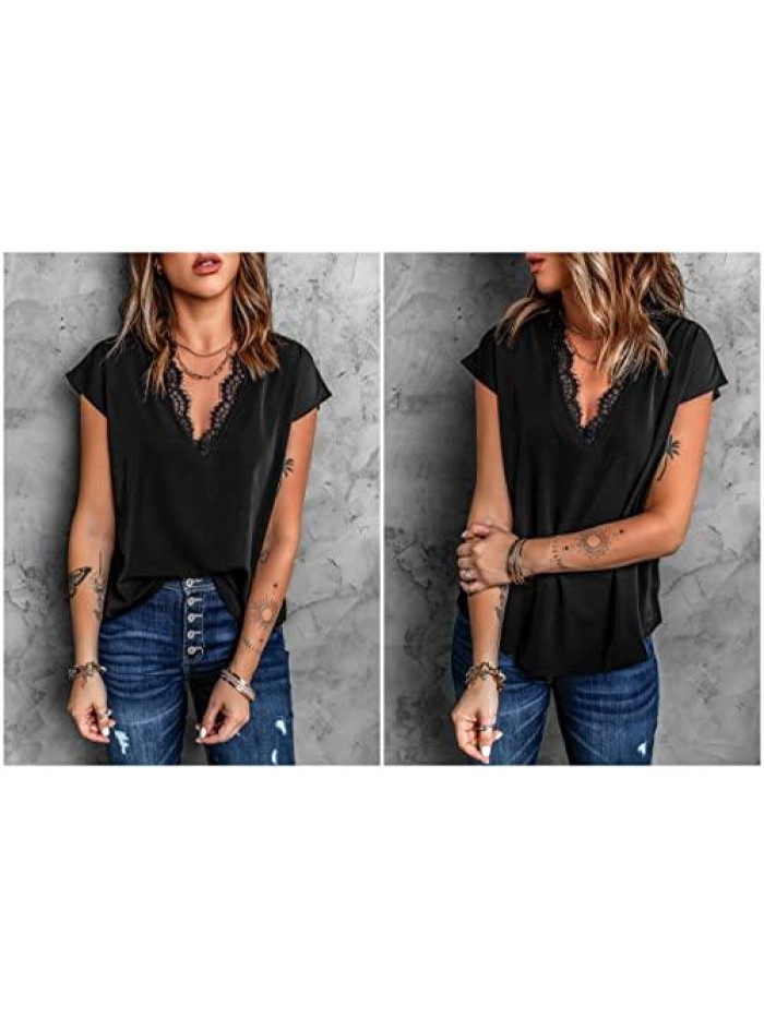 flare Dressy Lace Trim Blouse Tops Popular Short Sleeve Shirt 