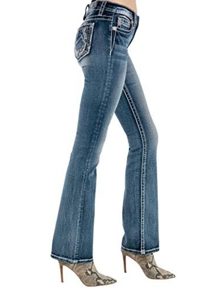 Me Women's Mid-Rise Boot Jeans with Sequin Horseshoe Designs 