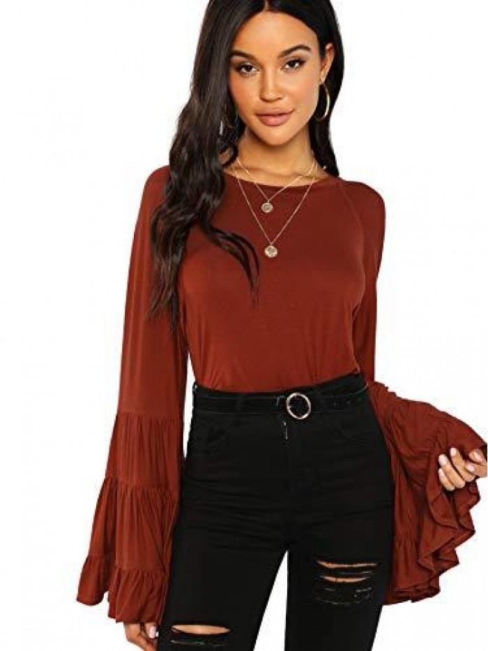 Women's Casual Boho Ruffle Long Bell Sleeve Tops Tee Shirt 