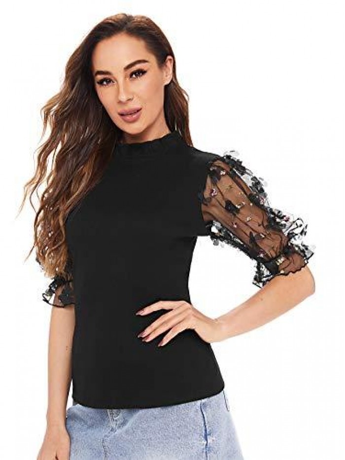 Women's Summer Short Sleeve Mock Neck Casual Blouse Tops 