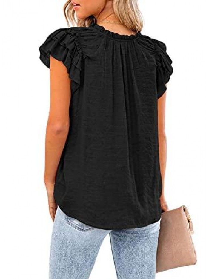 Womens V Neck Ruffle Tops Casual Sleeveless Shirts Tank Top 