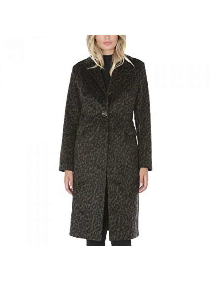 Women's Leopard Print Mid-Length Wool Blend Midi Coat 