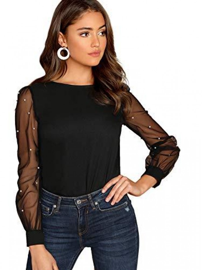 Women's Pearl Sheer Mesh Long Sleeve Tops Blouse 