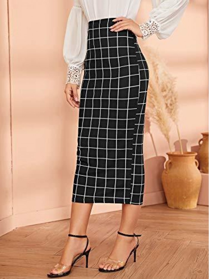 Women's Elegant Plaid Elastic Waist Bodycon Midi Skirt 