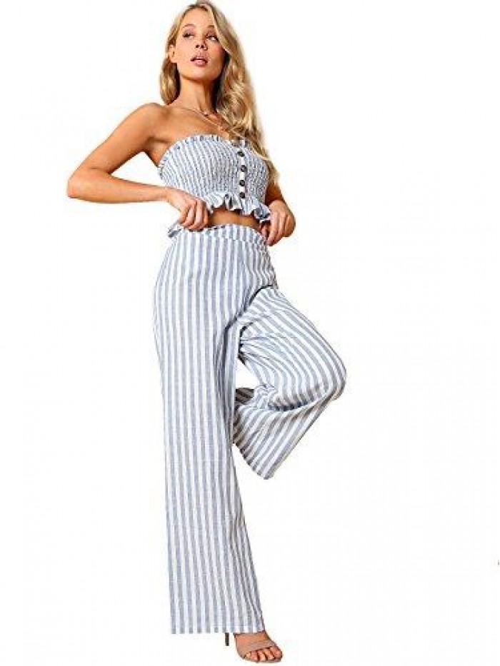 Women's Summer 2 Piece Outfits Strapless Tube Top and Pants Sets 