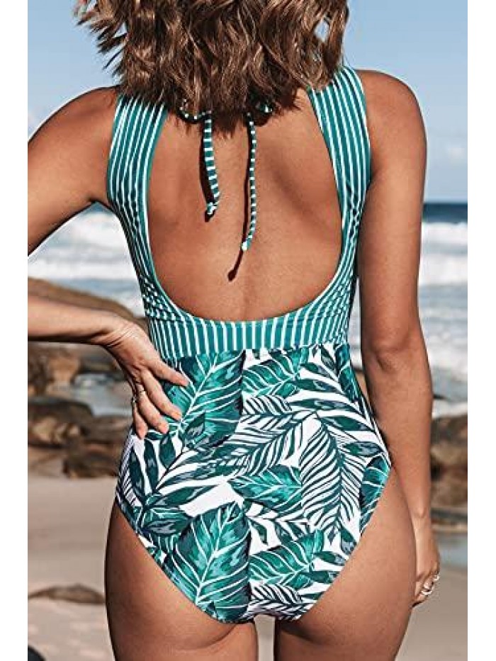 Women's Striped Leafy One Piece Swimsuit 