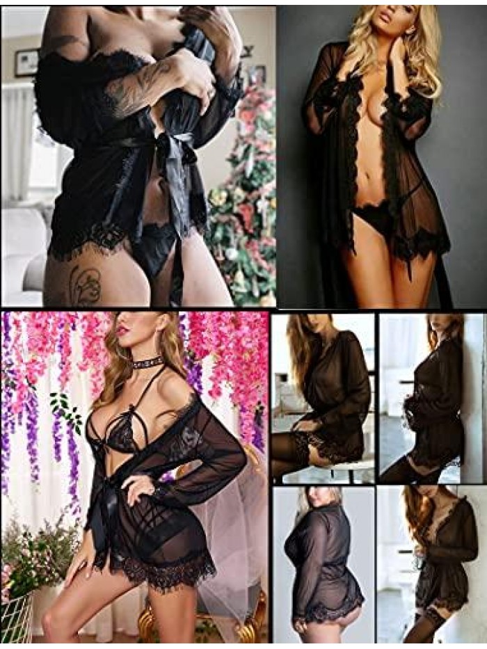 Sexy Lace Robe Kimono Mesh Nightgown Babydoll Lingerie Set 