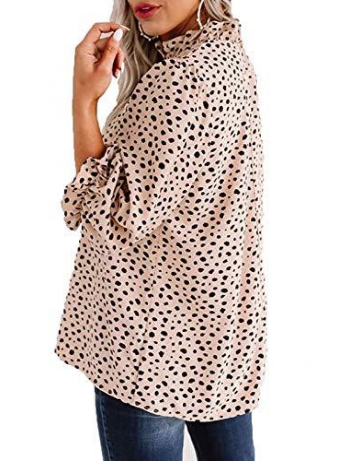 Women's Leopard Printed Ruffle Hem Long Sleeve Mock Neck Blouses Top 