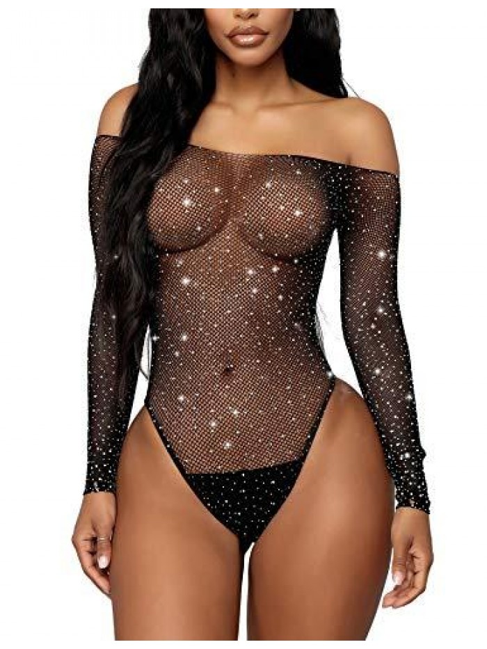 Women Lingerie Fishnet Bodysuit Sparkle Rhinestone Sexy Mesh Teddy Lingerie 