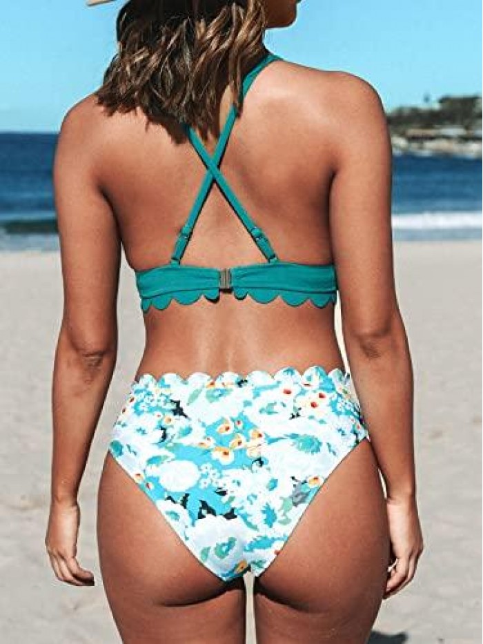 Women's Mid Waist Bikini Swimsuit Scallop Triangle Two Piece Bathing Suit 