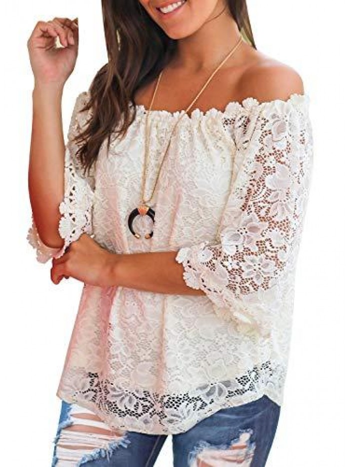 Women's Lace Off Shoulder Tops Casual Loose Blouse Shirts 