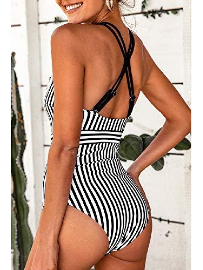 Women's V Neck One Piece Swimsuit Ruffled Back Cross Swimwear 