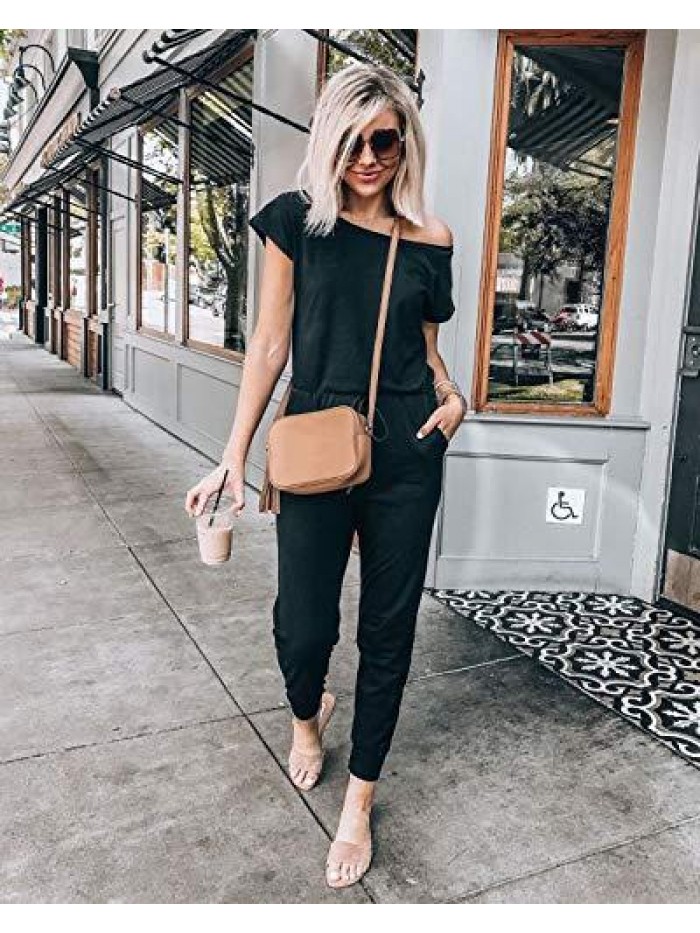 Women's Loose Solid Off Shoulder Elastic Waist Stretchy Long Romper Jumpsuit 