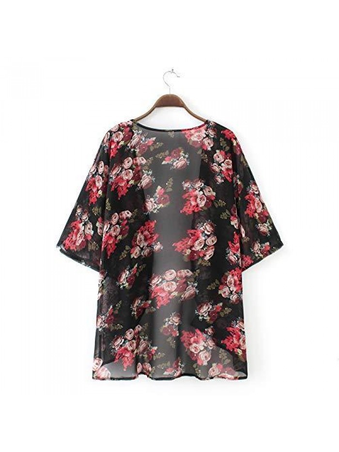 Women's Cardigan-Sheer Kimono Loose Summer Floral Print Cover Ups 