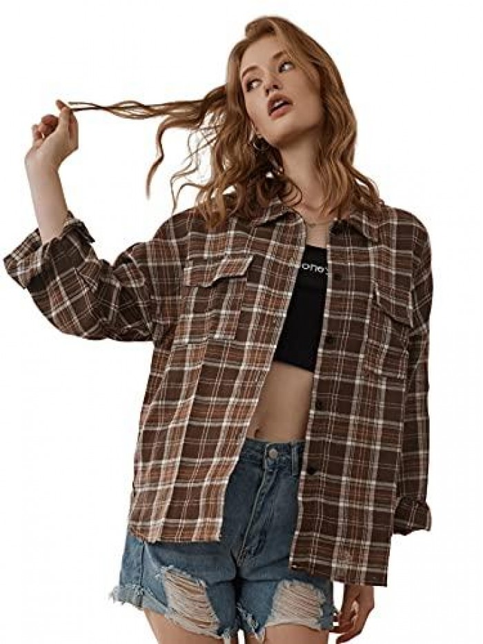 Women's Long Sleeve Collar Long Button Down Plaid Shirt Blouse Tops 