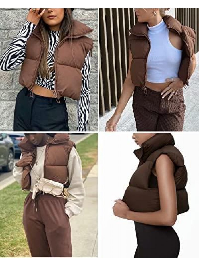 Women's Fashion High Neck Zipper Cropped Puffer Vest Jacket Coat 