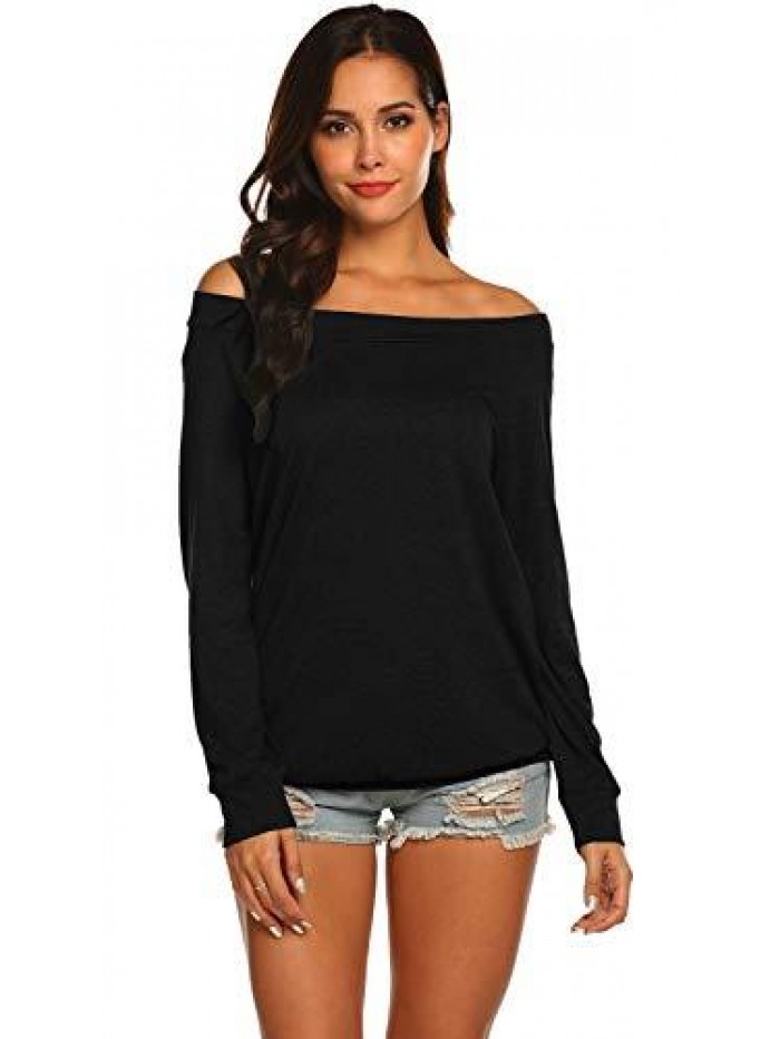 Women's Long Sleeve Boat Neck Off Shoulder Blouse Tops 