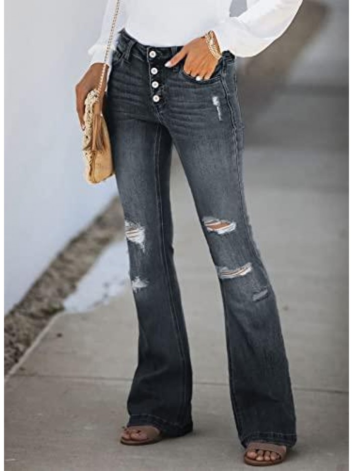 Women Ripped Flare Jeans Mid Rise Fitted Denim Pants 