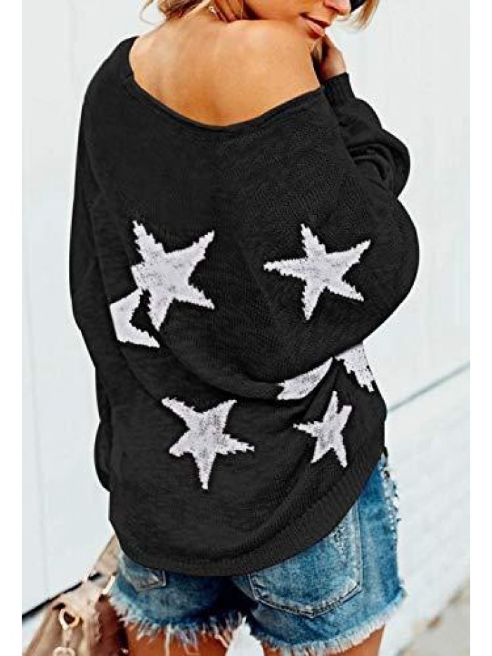 Women's Scoop Neck Long Sleeve Star Pullover Sweater Tunic Tops 