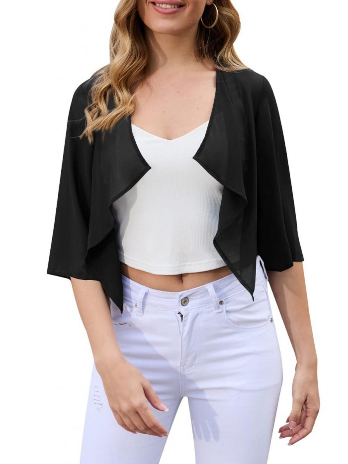 Womens Chiffon Open Front Half Sleeve Sheer Shrug Cropped Bolero Cardigans 