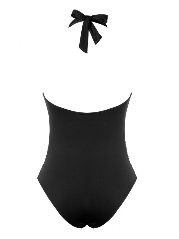 Black One Piece Swimsuits, Women Tummy Control One Piece Swimsuits V Neck Halter Ruched Swimwear 