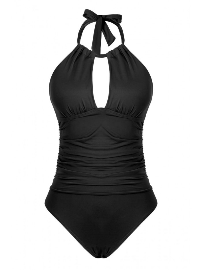 Black One Piece Swimsuits, Women Tummy Control One Piece Swimsuits V Neck Halter Ruched Swimwear 