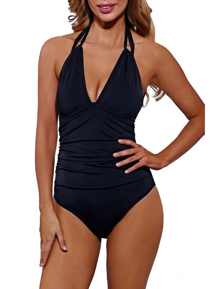 Black One Piece Swimsuits, Women Tummy Control One Piece Swimsuits V Neck Halter Ruched Swimwear 