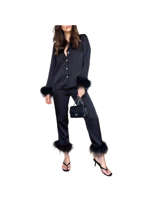 Two Piece Pajamas Set Feather Long Sleeve Shirt wi...