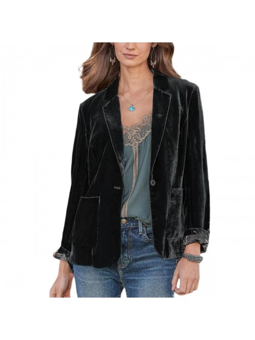 Velvet Blazer Cozy Lightweight Outerwear Retro But...