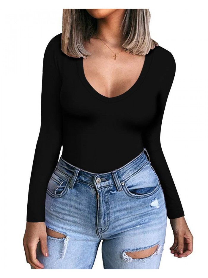 Womens V Neck Long Sleeve Fitted T-Shirt Basic Tee Tops 