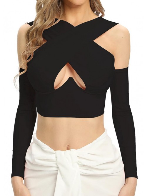 Women's Cut Out Crisscross Halter Vest Wrap Crop T...