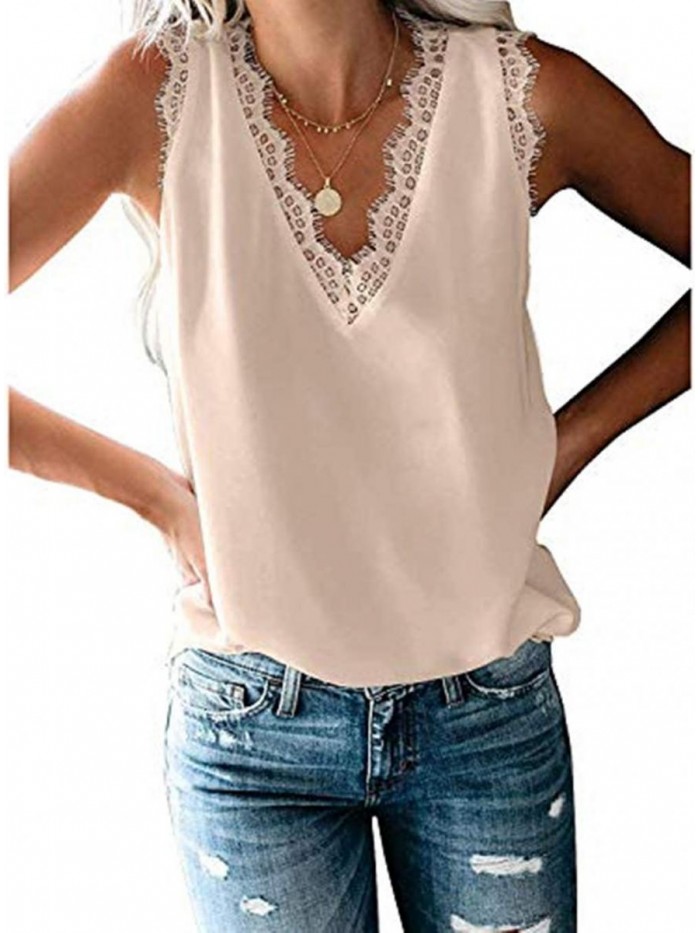 Women's V Neck Lace Trim Casual Tank Tops Sleeveless Blouses Shirts 