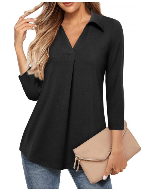 Women's V Neck 3/4 Sleeve Blouse Tops Ladies Colla...