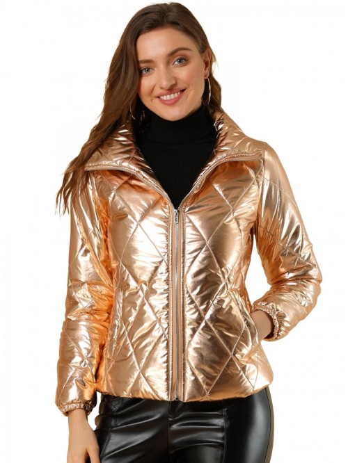 K Women's Holographic Shiny Zipper Quilting Metall...