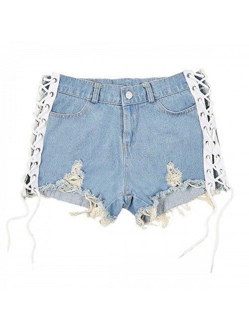 Women's Ripped Frayed Raw Hem Denim Shorts Mid Ris...