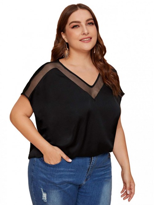 Women's Plus Size Elegant Long Sleeve Contrast Mes...