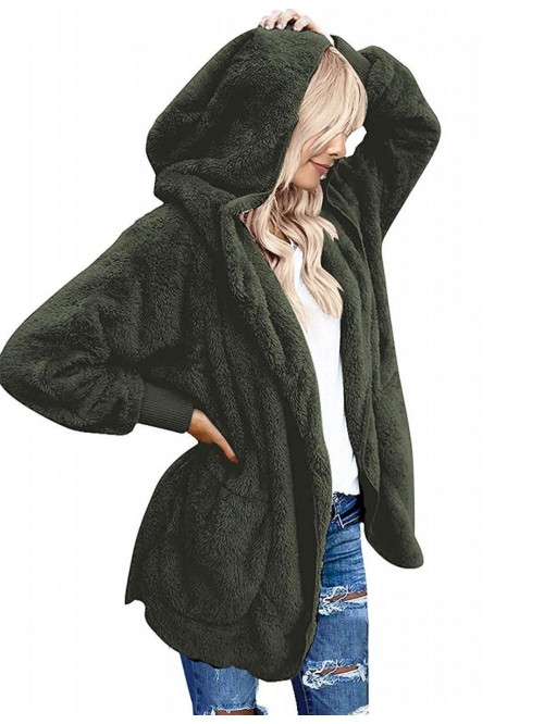 Womens Fuzzy Fleece Open Front Hooded Cardigan Jac...